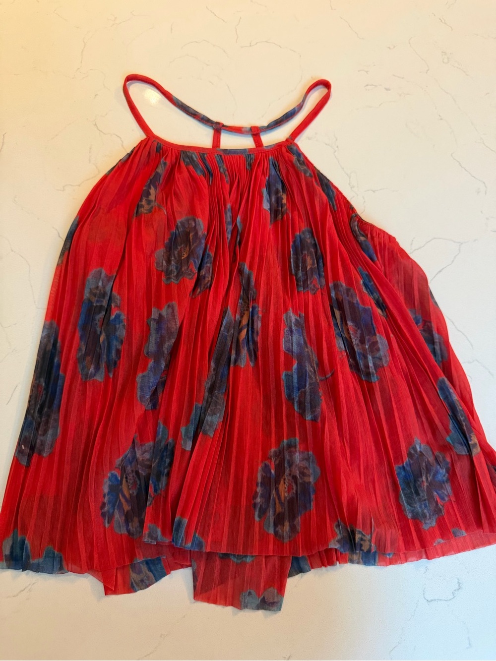 Kimchi Blue Red Pleated Tank with Blue Floral Print